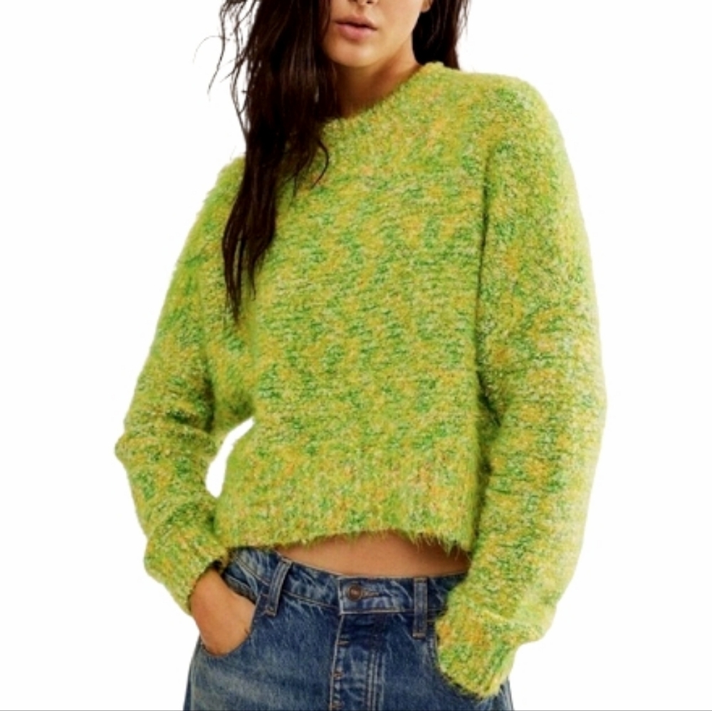 Free People Stardust Pullover Sweater in Lemon Lime Green Combo Size Medium